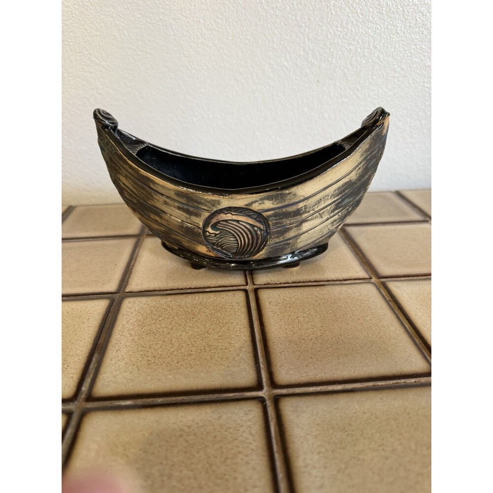 ICY ROAD Art Pottery Boat Planter Wave Motif Black Bronze Ceramic Cachepot 7"